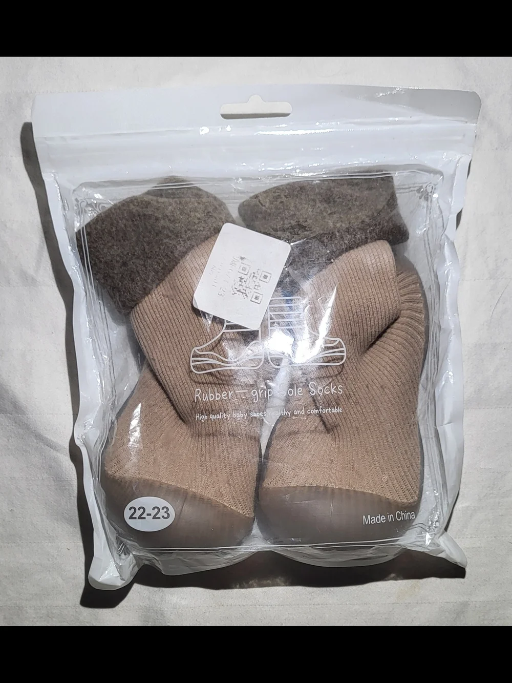 Baby Non-Slip Walker Socks in Beige with Brown Cuff